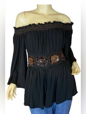 TOMASO STEFANELLI BROWN OFF-THE-SHOULDER BEADED WAIST STRETCHY PEASANT TOP (42)